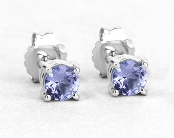 Tanzanite Earrings, Natural Tanzanite Round Stud Earrings in .925 Sterling Silver, Silver Tanzanite Earrings, December Birthstone