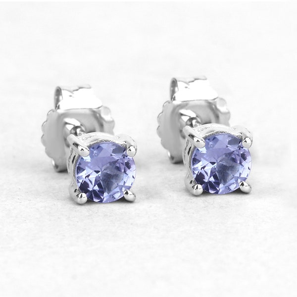 Tanzanite Earrings, Natural Tanzanite Round Stud Earrings in .925 Sterling Silver, Silver Tanzanite Earrings, December Birthstone