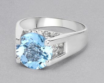 Blue Topaz Ring, Natural Sky Blue Topaz & White Cubic Zirconia Bridge Ring, December Birthstone Ring, Gifts for Her