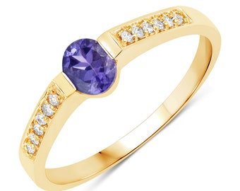 Tanzanite and Diamond Bridge Ring in 14k Yellow Gold, Natural Tanzanite Gold Ring, Minimalist Gold Ring, Blue Gemstone Ring, Christmas Gift