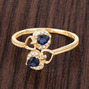 14K Gold Blue Sapphire Ring, Natural Blue Sapphire and Diamond Ring, Blue Gemstone Ring, Blue Sapphire Yellow Gold Ring, Minimalist Ring