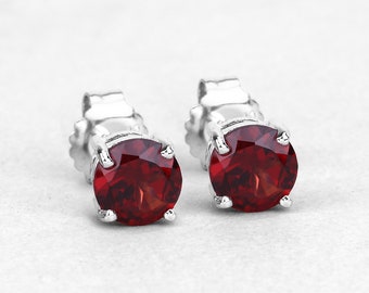 Granaat oorbellen, zilveren granaat oorstekers, .925 sterling zilveren granaat oorbellen voor dames, ronde granaat oorstekers