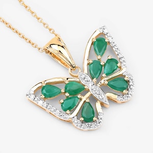Emerald Pendant, Genuine Emerald 14K Yellow Gold Sterling Silver Butterfly Pendant Necklace for Women, Emerald Butterfly Pendant Gift