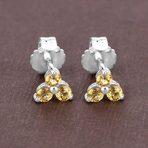 Yellow Sapphire Earrings, 3-Stone Yellow Sapphire Stud Earrings for Women, September Birthstone Earrings, September Earrings