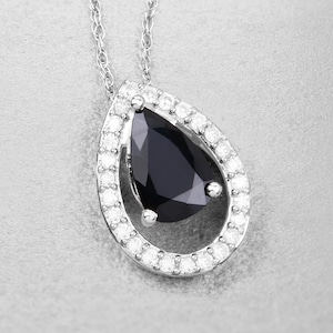 14K White Gold Genuine Blue Sapphire and White Diamond Halo Pendant, Sapphire Teardrop Pendant, September Birthstone, Blue Gemstone Pendant