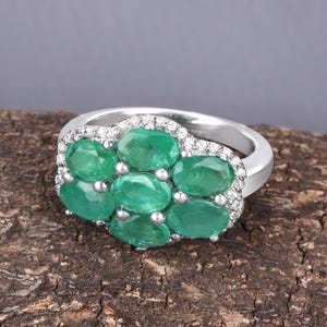 Genuine Emerald Cluster Ring Sterling Silver | May Birthstone Ring for Her | Natural Emerald .925 Silver Jewelry Gift | Green Gemstone Ring