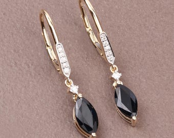 Sapphire Dangle Earrings, Genuine Blue Sapphire Marquise and White Diamond 14K Yellow Gold Earrings, September Birthstone, Gift For Her