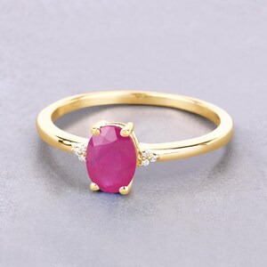 Ruby Ring, Genuine Ruby and Diamond 10K Yellow Gold Solitaire Ring, Minimalist Ring, Dainty Ring, July Birthstone Ring, Bridesmaid Gift