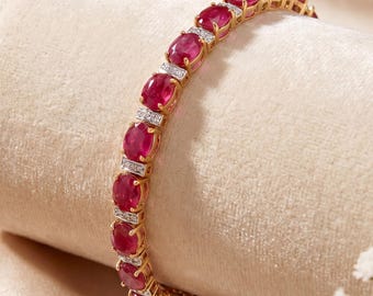 14k Gold Ruby Bracelet, Genuine Ruby Ovals and Diamond Gold Bracelet for Women, 14k Solid Yellow Gold Ruby Tennis Bracelet, July Birthstone