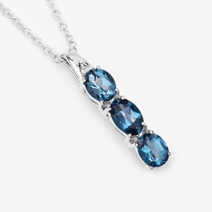 London Blue Topaz Pendant, Natural 3-Stone Natural London Blue Topaz Silver Pendant Necklace for Women, December Birthstone Pendant Necklace