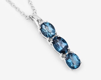 London Blue Topaz Pendant, Natural 3-Stone Natural London Blue Topaz Silver Pendant Necklace for Women, December Birthstone Pendant Necklace