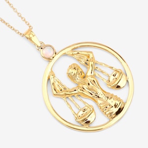 Libra Scales Pendant, 14k Sterling Silver Yellow Gold Genuine Opal Libra Zodiac Pendant Necklace, Astrology Zodiac Sign Jewelry Gifts
