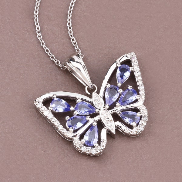 Tanzanite Pendant, Genuine Tanzanite Sterling Silver Butterfly Pendant Necklace for Women, Tanzanite Butterfly Pendant Gift for Her