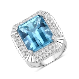 14k Gold Aquamarine Ring, Genuine Aquamarine and Diamond White Gold Engagement Ring for Women, Aquamarine Statement Ring, March Birthstone