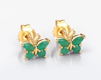 Emerald Earrings, Genuine Emerald 14K Yellow Gold Sterling Silver Butterfly Stud Earrings, Dainty Butterfly Earrings, Bridesmaid Gift