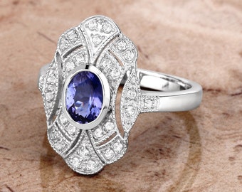 Tanzanite Ring, Genuine Tanzanite Vintage Style Silver Ring for Women, Tanzanite Oval Gemstone December Birthstone Ring