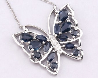 Sapphire Pendant, Genuine Midnight Blue Sapphire Sterling Silver Butterfly Pendant Necklace, Sapphire Butterfly Pendant Gift for Her