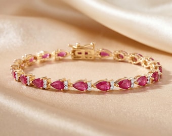 14k Gold Ruby Bracelet, Genuine Ruby and Diamond Gold Bracelet for Women, 14k Solid Yellow Gold Ruby Tennis Bracelet, July Birthstone