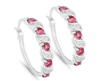 Pink Tourmaline Earrings, Genuine Pink Tourmaline Hoop Silver Earrings for Women, Natural Pink Gemstone Earrings, Bridesmaid Gift for Her