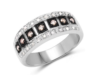 Champagne & White Diamond Ring, Genuine Brown Diamond Sterling Silver Ring, Diamond Band Ring, April Birthstone Ring, Birthday Present
