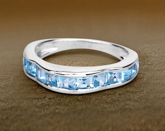 Blue Topaz Ring, Natural Blue Topaz Half-Eternity Band Ring, Sterling Silver Ring, Blue Topaz Silver Ring, December Birthstone Ring