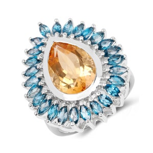 Citrine Ring, Natural Citrine & London Blue Topaz Silver Ring for Women, November Birthstone Ring, Yellow Gemstone Ring, Birthday Gift