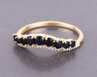 Sapphire and Diamond Gruduated Ring in 14k Yellow Gold, Natural Blue Sapphire Wedding Ring Diamond, Blue Gemstone Ring, Christmas Gift