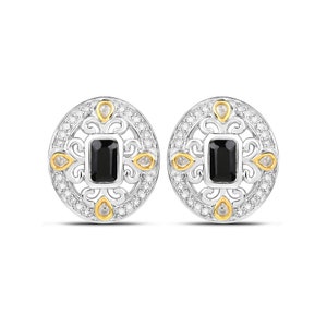 Blue Sapphire Earrings, Genuine Blue Sapphire - White Diamond Two-Tone Sterling Silver Earrings, Natural Blue Sapphire Earrings for Women