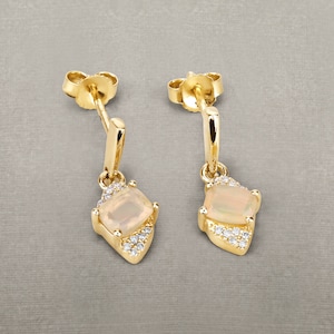 14K Gold Opal Earrings, Genuine Ethiopian Opal and Diamond Yellow Gold Earrings for Women, Minimalist Earrings, Dainty Opal Drop Earrings