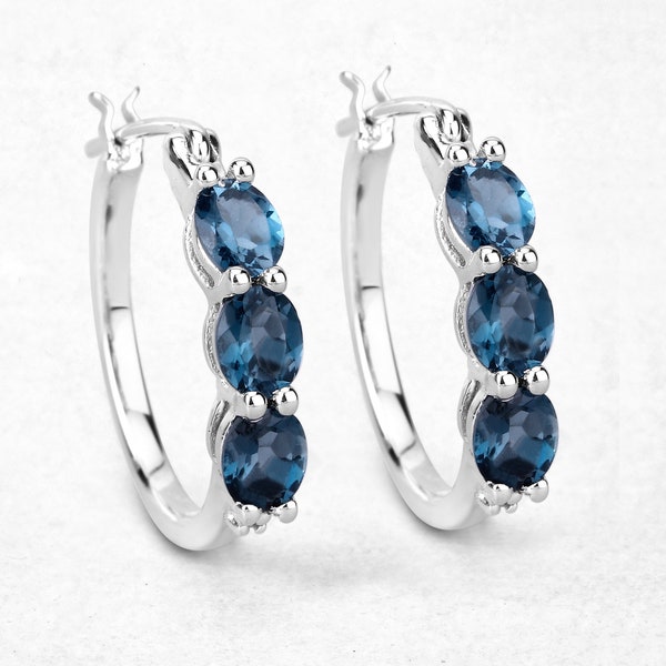 London Blue Topaz Earrings, Natural London Blue Topaz Hinge Earrings in .925 Sterling Silver for Women, Blue Gemstone, December Birthstone