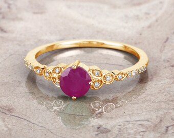 14K Gold Ruby Ring, Natural Ruby and Diamond Yellow Gold Ring, Minimalist Ring, Dainty Ruby Gold Ring, July Birthstone Ring, Promise Ring