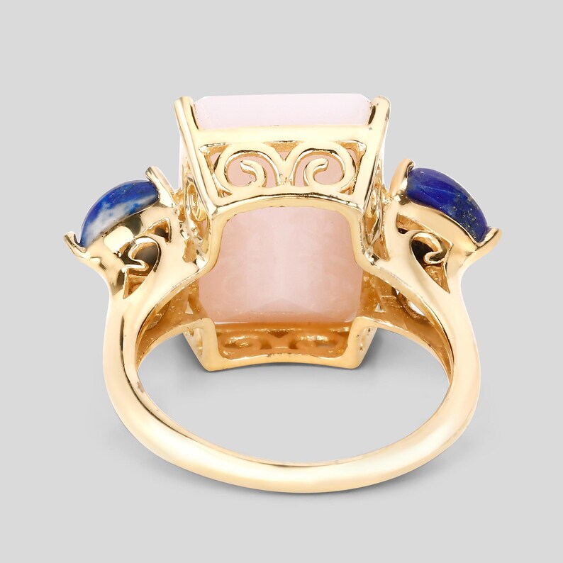 Pink Opal Ring, Natural Pink Opal & Lapis 3-Stone Cocktail Ring, .925 Sterling Silver Yellow Gold Plated, Pink Gemstone Ring, Gift for Wife bild 4