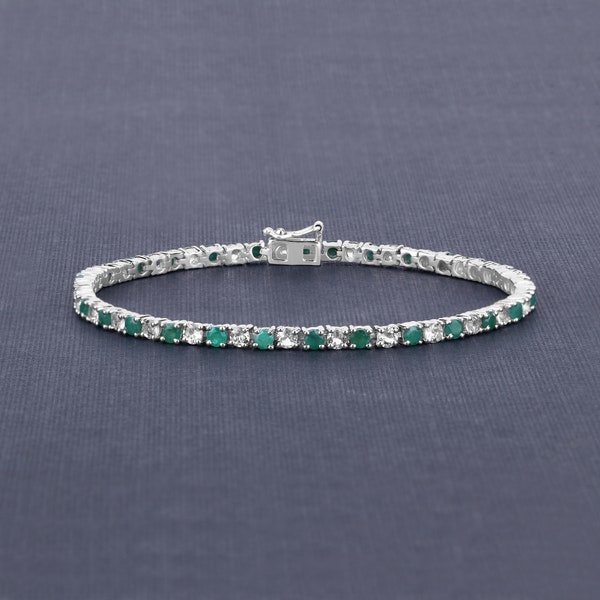 Emerald Bracelet, Genuine Emerald and White Topaz Bracelet Sterling Silver, Emerald Bracelet for Women, May Birthstone Tennis Bracelet