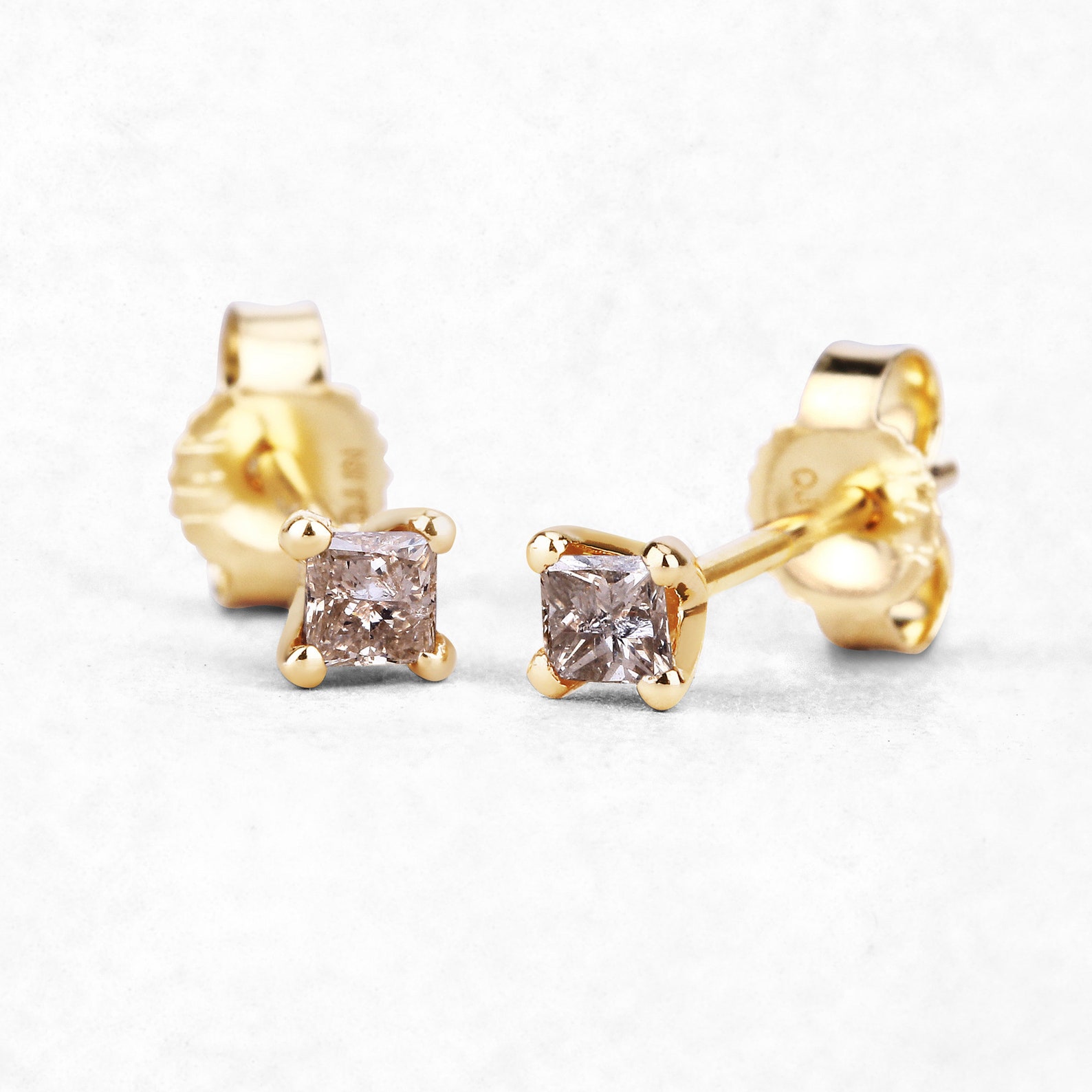 Champagne Diamond Earrings 14k Solid Yellow Gold Princesscut Etsy