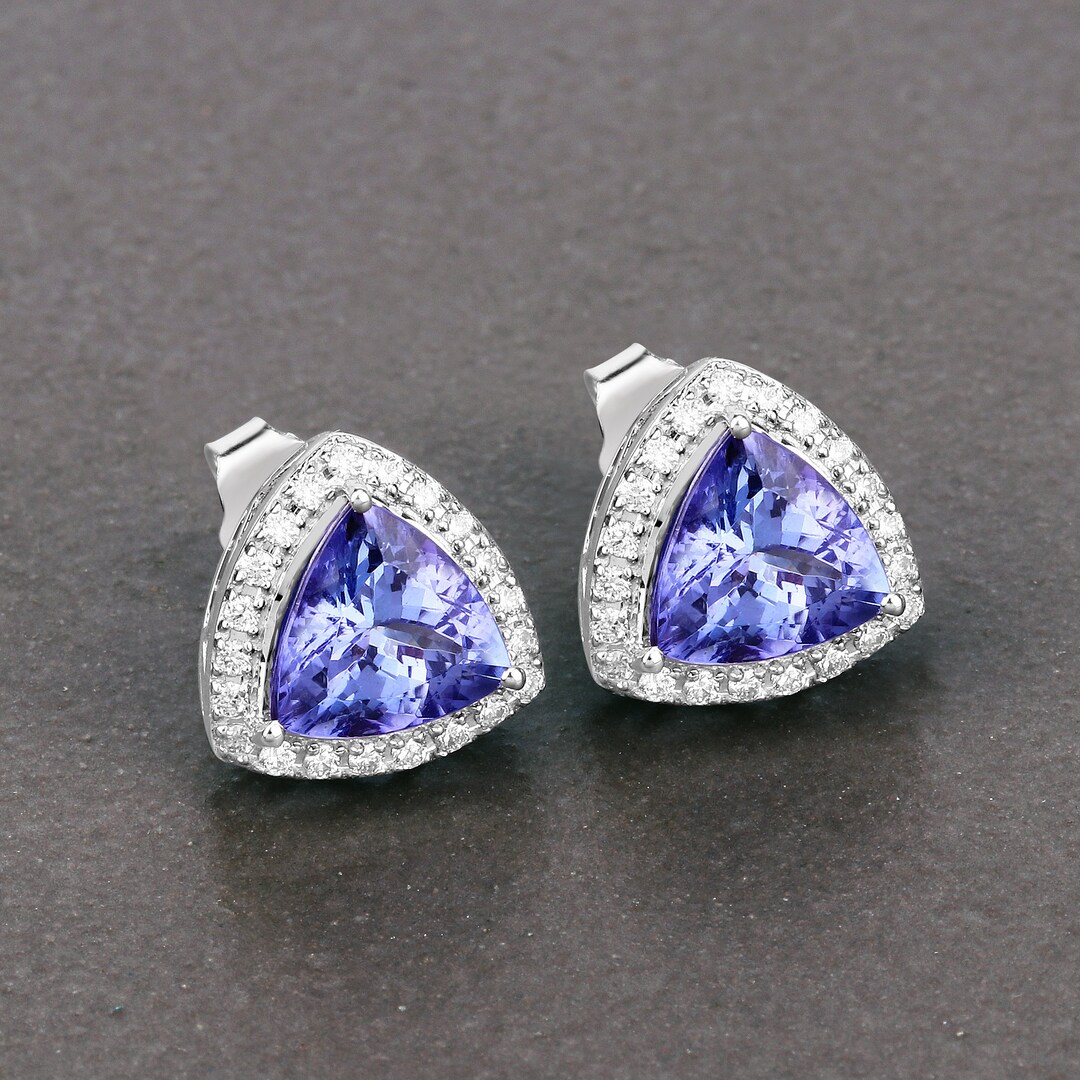 14K White Gold Tanzanite Earrings, Genuine Tanzanite Trillioncut and