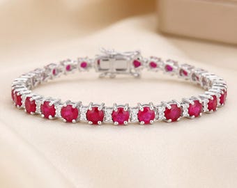 14k Gold Ruby Bracelet, Genuine Ruby and Diamonds White Gold Bracelet for Her, Ruby Gold Tennis Bracelet, July Birthstone Bracelet Gift