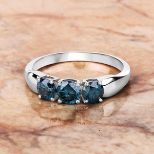 Blue Diamond Ring, Blue Diamond Ring, 3 Stone Blue Diamond Ring, White Gold Ring, April Birthstone Ring, Gift for Women, Bridesmaid Gift