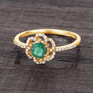 Emerald Ring, 14Kt Gold, Emerald Halo Ring, Gold Emerald Ring, Emerald & Diamond Ring, May Birthstone, Solid Gold Ring, Minimalist Jewelry