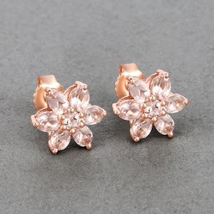 Morganite Earrings, Solid 10k Rose Gold Morganite Stud Earrings for Her, Natural Pink Gemstone Earrings, Morganite Floral Studs
