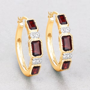Garnet Earrings, Genuine Garnet Hoop Silver Earrings, Garnet Earrings Sterling Silver with 14K Yellow Gold Plated, Bridesmaid Gift for Her