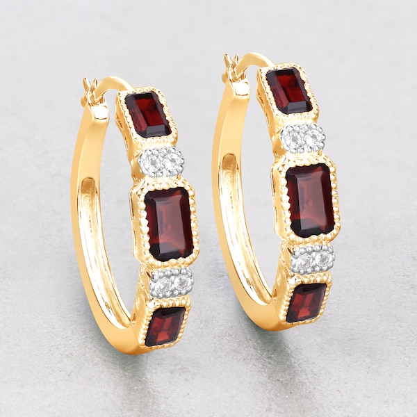 Garnet Earrings, Genuine Garnet Hoop Silver Earrings, Garnet Earrings Sterling Silver with 14K Yellow Gold Plated, Bridesmaid Gift for Her