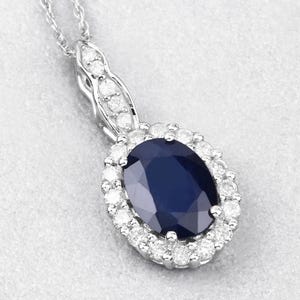 Blue Sapphire Oval Pendant, Real Blue Sapphire and Diamond 14K White Gold Halo Pendant, September Birthstone, Slide Pendant, Christmas Gift