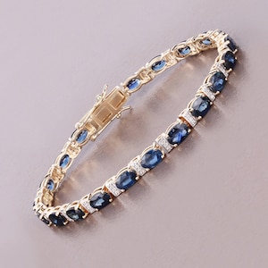 14k Gold Sapphire Bracelet, Genuine Blue Sapphire Ovals and Diamond Gold Bracelet for Women, Real Blue Sapphire and Diamond Tennis Bracelet