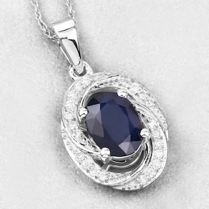 Sapphire Halo Pendant, Genuine Blue Sapphire and Diamond 14K White Gold Pendant, September Birthstone Pendant, Christmas Gift