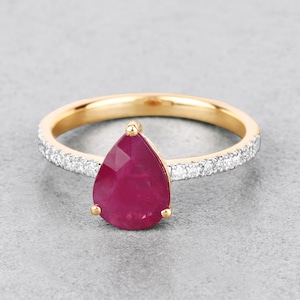 Ruby Ring, Genuine Ruby Oval and White Diamond 14K Yellow Gold Bridge Ring, July Birthstone, Ruby Ring For Women, Bridesmaid Gift
