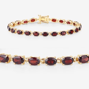 Garnet Bracelet, Garnet Sterling Silver Gold Plated Bracelet, Garnet Bracelet for Women, January Birthstone Gift for Women, Tennis Bracelet