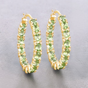 Peridot Earrings, Genuine Peridot Earrings Sterling Silver, Peridot Earrings for Women, August Birthstone Hoop Gold Plated Earrings for Her