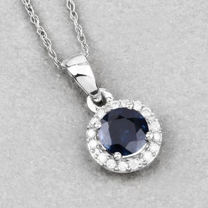 Blue Sapphire Gold Pendant, Genuine Blue Sapphire and Diamond 14K Solid White Gold Halo Pendant, September Birthstone Pendant, Gift For Her