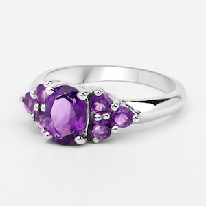 Amethyst Sterling Silver Ring, Amethyst Oval and Rounds Cluster Ring for Women, February Birthstone Ring, Gift For Her
