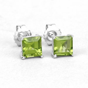 Peridot Earrings, Genuine Peridot Prince-Cut Stud Earrings - .925 Sterling Silver, August Birthstone Earrings, Green Gemstone, Gifts for Her